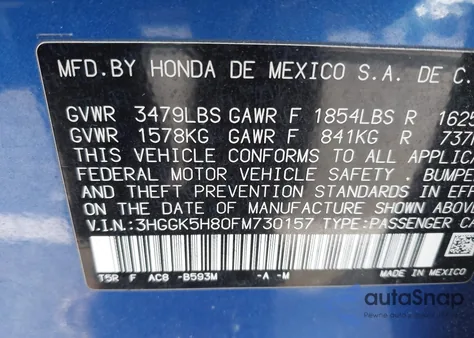 2015 Honda Fit Ex/Ex-L z USA, uszkodzony, nr VIN 3HGGK5H80FM730157